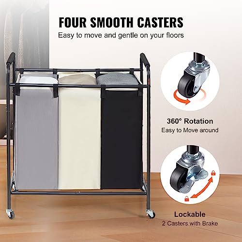 VEVOR 3-Section Laundry Basket, Heavy Duty Laundry Hamper Storage Organizer, Laundry Sorter Cart with Heavy Duty Lockable Wheels for Dirty Clothes in Laundry Room Bedroom