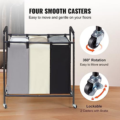 VEVOR 3-Section Laundry Basket, Heavy Duty Laundry Hamper Storage Organizer, Laundry Sorter Cart with Heavy Duty Lockable Wheels for Dirty Clothes in Laundry Room Bedroom