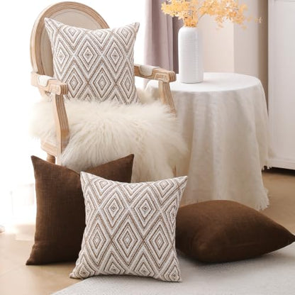 HPUK Throw Pillow Covers 18x18, Set of 4, Chocolate Couch Pillow Covers | Polyester fabric, patterned and solid designs, hidden zippers, machine washable, for sofas and beds, inserts not included - color: Chocolate, size: 18" x 18" (Pack of 4)