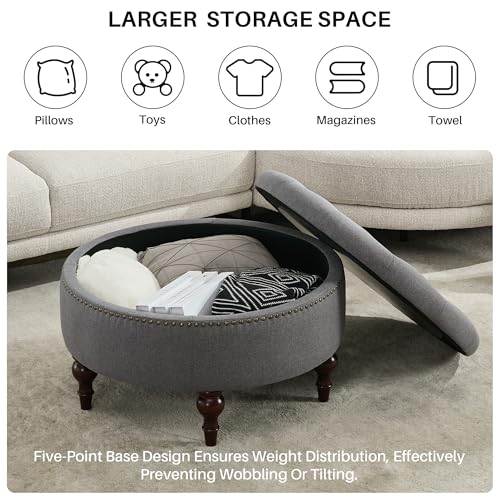 Round Storage Ottoman, Tufted Fabric Coffee Table Footrest, Grey | Upholstered Linen Ottoman Coffee Table, Large Footrest With Solid Wooden Legs, Side Table for Living Room Bedroom Office - color: Dark Grey