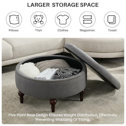 Round Storage Ottoman, Tufted Fabric Coffee Table Footrest, Grey | Upholstered Linen Ottoman Coffee Table, Large Footrest With Solid Wooden Legs, Side Table for Living Room Bedroom Office - color: Dark Grey
