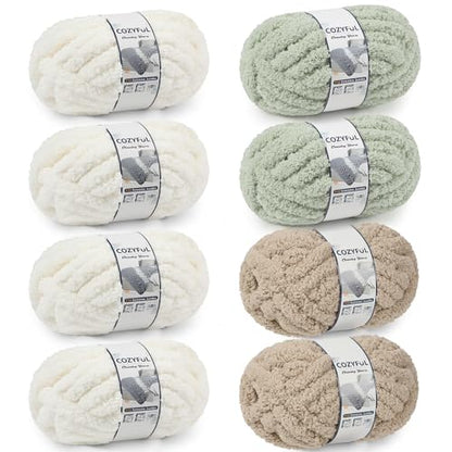 Cozyful Chunky Yarn for Hand Knitting - #10 Chunky Chenille Yarn, Jumbo Big Thick Chunky Yarns for Crocheting, Super Bulky Chunky Knit Blanket Yarns, 8 Skein (22yd, 8oz/Skein), Cream & Sage & Khaki - color: Cream & Sage & Khaki
