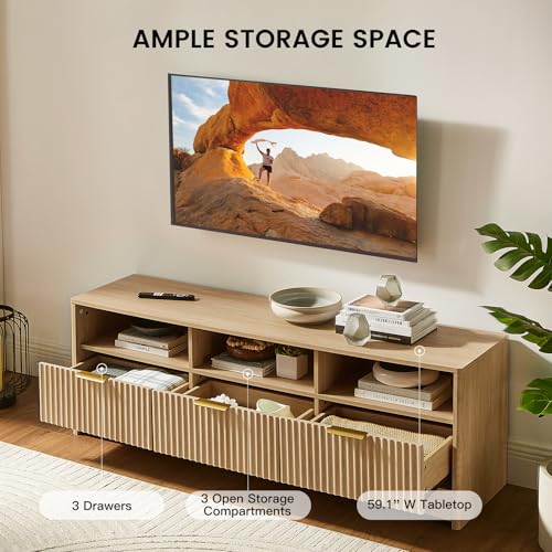 Amada 59" Wide Fluted Storage TV Stand for TVs up to 65", Natural | Elegant fluted wood panels, 3 drawers, 3 open shelves, cable holes, smooth metal slides, wide metal handles, rounded edges