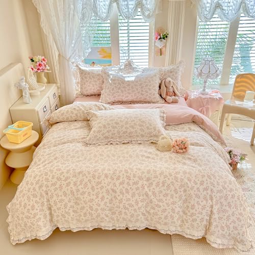 mixinni Shabby Chic Floral Duvet Cover Set Twin, 100% Cotton Cottagecore Bedding with Double Ruffle Lace Trim, Reversible Pink Rose Flower Vintage Farmhouse Comforter Cover with Zipper & Corner Ties - color: B2 # Ruffle Lace - Romantic Blush Floral, size: