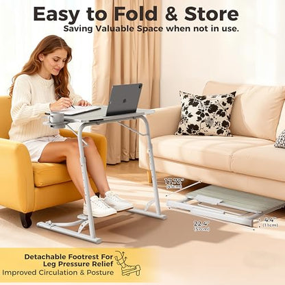Upgraded Folding TV Tray Table, Sturdy Couch & Dinner Laptop Table | Adjustable Height & Angle Portable Desk for Eating, Work & Recliner; Includes Footrest, Cup Holder, iPad Holder, Edge Stopper - color: (White) - Bright Wood