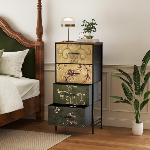 DUMOS Nightstand, Bedside Table with 4 Fabric Drawers | Night Stand with Removable Bins, Steel Frame Wood Top, Small Dresser for Bedroom Closet, Storage Tower, Floral Painted - color: Floral Painted, size: 11.8"D x 17.7"W x 37.4"H (4 Drawers)