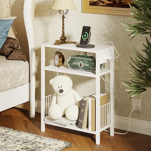 TRIFEBLE Narrow Side Table with Charging Station, Small End Table for Small Spaces, Slim Nightstand with Storage Basket, 3 Tier Skinny Bedside Table for Living Room, Bedroom, White - color: White