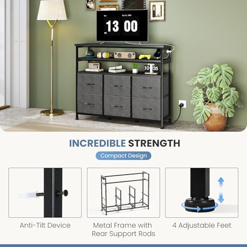 DUMOS LED TV Stand Dresser with Charging Station, Entertainment Center | Media Console for Living Room, App Controlled, 6 Fabric Drawers and 2 Shelves, Grey - color: Grey, size: 39.37"D x 11.8"W x 31.49"H (6 Drawers)