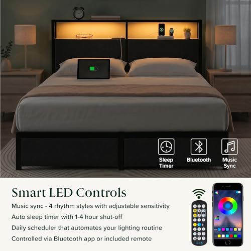 Zinus Michael Upholstered Platform Bed Frame, Four Underbed Drawers, Queen | Space-Saving Two-Tier Headboard Storage, Mood Setting RGB LED Lights, Built-in USB Charging Station, Ambient Night Light - size: Queen