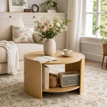 Oak Round Coffee Table, 2-Tier 31.5" Open Storage Modern Center Table | Wooden Circle Coffee Table with Shelf & Curved Legs for Living Room, Home Office, Reception Room, Apartment, Natural - color: Natural