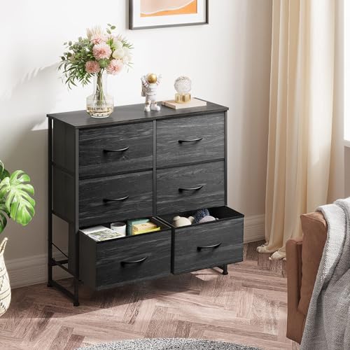 WLIVE Dresser for Bedroom with 6 Drawers, Charcoal Black Wood Grain Print | Closet Dresser, Metal Frame, Wooden Top, Fabric Dresser for Closet, Living Room, Hallway - color: Charcoal Black Wood Grain Print
