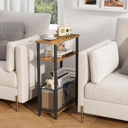 MMEOLUOOK Narrow Side Table with Storage Basket Skinny End Tables for Smalls Spaces 3 Tier Sofa Table Small Nightstand Slim Bedside Table for Living Room Bedroom Rustic Brown MLBZ22RB - color: Rustic Brown