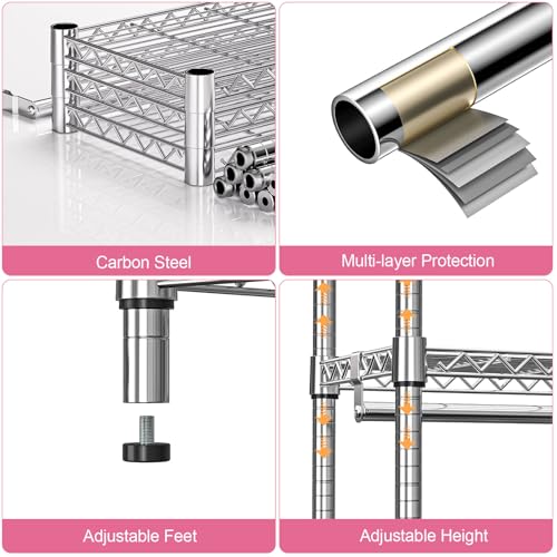 M MZG Heavy Duty Rolling Garment Rack 3 Tiers Adjustable Wire Shelving Clothes Rack with 1 Rods and Side Hooks,Storage Closet Clothing Rack with Wheels Chrome 15.7" D x 45.3" W x 75.6" H - color: Chrome, size: 3 Tier and 1 Rod 15.7"D x 45.3"W x 75.6"H
