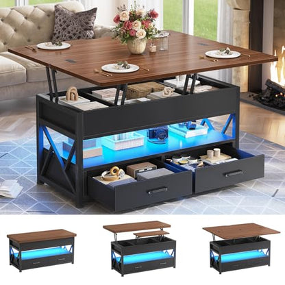 Itaar 40" Lift Top Coffee Table, 4 in 1 White Coffee Tables with Storage for Living Room, Small Coffee Table with 2 Drawers & LED Light for Dining Room, Black+Brown - color: Black+brown