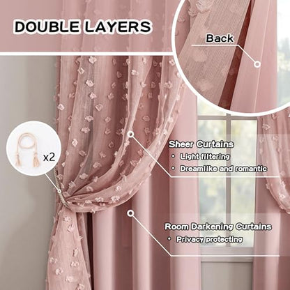MYSKY HOME Double Layer Curtains for Girls Bedroom Kids Curtain Pink Pom Pom Sheer Window Curtains 2 Panels Pink Curtains Grommet Room Darkening Solid Nursery Curtains 63 Inches Length, W52 X L63 - color: Z-pink, size: 52"W x 63"L (Pack of 2)