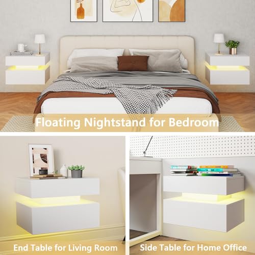 Floating Nightstand Set of 2,Modern Bedside Tables with LED Light for Bedroom,Small Night Stands with Drawers, Wall Mounted End SideTables Set for Living Room - color: White