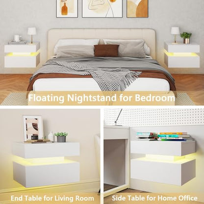 Floating Nightstand Set of 2,Modern Bedside Tables with LED Light for Bedroom,Small Night Stands with Drawers, Wall Mounted End SideTables Set for Living Room - color: White