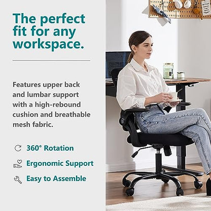 Sweetcrispy Executive Home Office Chair, Mesh Office Chair, Black | Ergonomic Executive, Adjustable Height, 360° Swivel Wheels, Mid-Back, Comfy Arms, Bedroom, Study, Student - color: Black, size: 18.5"D&Flip-up Arms-Plus