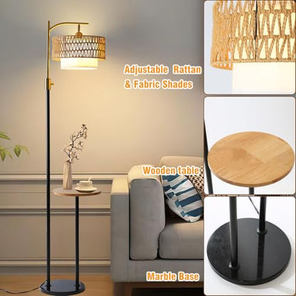 Dimmable Floor Lamp with Table and Marble Base, Arc Floor Lamp with Dimmable Bulb, Boho Farmhouse Standing lamp with Fabric & Rattan Lampshades for Living Room Bedroom (Black and Gold) - color: Black and Gold