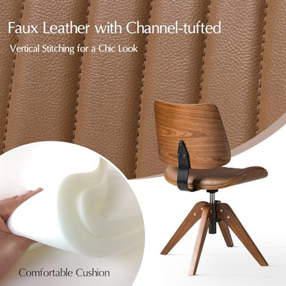 HULALA HOME Faux Leather Home Office Desk Chair No Wheels, Camel | Mid-Century Modern Desk Chair with Wood Legs, 360° Swivel Computer Task Chair with Channel-Tufted Backrest, Height Adjustable - color: Camel
