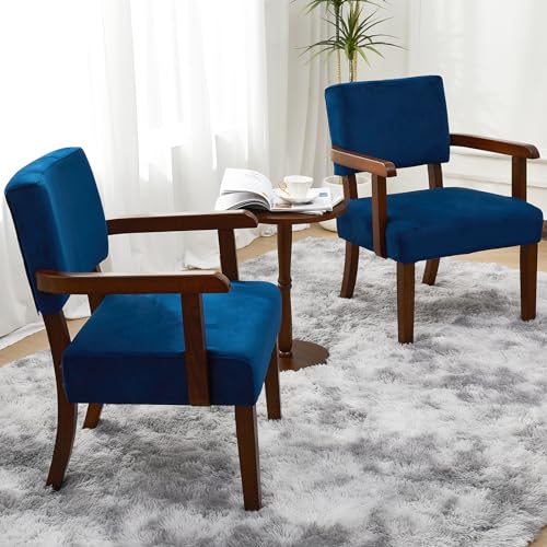Velvet Accent Chairs Set of 2, 2 Solid Wood Armchairs with Table | Upholstered Living Room Chair, Comfy Reading Chair for Bedroom, Waiting Room, Home Office, Easy Assembly, Blue - color: Velvet Blue, size: Set of 2 with table