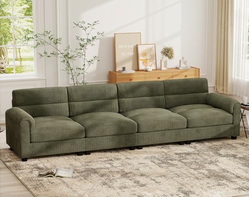 Bonzy Home 4 Seater Couch for Living Room, 106.6 inch Comfy Green Corduroy Sectional Couches with Overstuffed Cushion and Rolled Arms, Modern Sofa for Bedroom, Apartment - color: Green, size: 4-seater