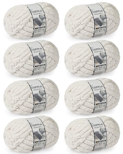 Cozyful Chunky Yarn for Hand Knitting, #9 Thick Jumbo Big Chunky Yarn for Crocheting, Super Chunky Knit Blanket Yarns, Large Chunky Chenille Yarns, 8 Pack (30 yds 8 oz Each Skein), Beige White - color: Beige White