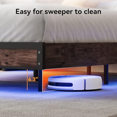 Susalt Full Size Bed Frame with Storage Headboard, Sturdy Metal Platform Bed Frame with LED Lights and Charging Station, Easy Assembly, No Box Spring Needed, Noise Free, Rustic Brown - size: Full