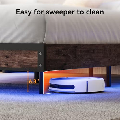 Susalt Full Size Bed Frame with Storage Headboard, Sturdy Metal Platform Bed Frame with LED Lights and Charging Station, Easy Assembly, No Box Spring Needed, Noise Free, Rustic Brown - size: Full