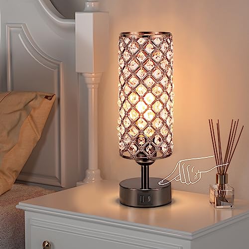 Black Crystal Touch Lamp with USB-C/A, 3-Dim Dimmable for Bedroom, Modern | Table Lamp, Bedside Lamp, Small Touch Light for Living Room Bedroom, Charge Phone, Bulb Included, Crystal Lampshade - color: Black