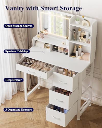 Kitsure Vanity Desk with Mirror and Lights, Large Capacity, Fabric Drawers | Bedroom, Teens & Women, 3 Light Modes, 4 Fabric Drawers, 17"D x 35"W x 52"H, White