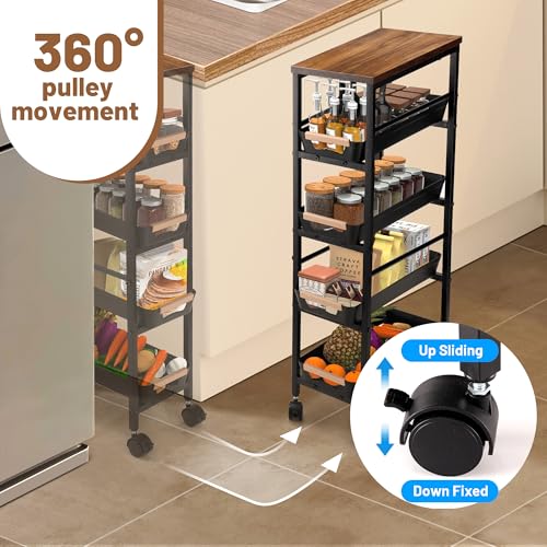 Slim Storage Cart, 5-Tier Narrow Rolling Kitchen Laundry Room Cart with Drawer and Wheels, Metal Utility Cart Slide Out Organizer for Small Spaces (Black) - style: 5 Tiers-Black