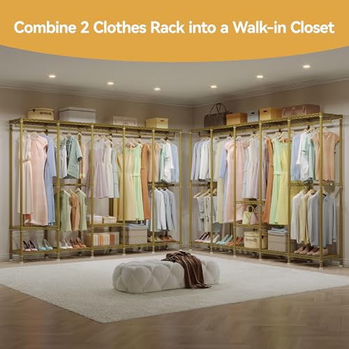 Higeego H5 Heavy Duty Clothes Rack, Freestanding Clothing Rack, Gold | 93.3"Wx15.7"Dx75.4"H, Large Garment Rack, Freestanding Clost Rack for hanging clothes, with Adjustable Shelf, Load 1400 lbs - color: Gold