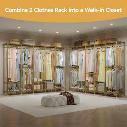 Higeego H5 Heavy Duty Clothes Rack, Freestanding Clothing Rack, Gold | 93.3"Wx15.7"Dx75.4"H, Large Garment Rack, Freestanding Clost Rack for hanging clothes, with Adjustable Shelf, Load 1400 lbs - color: Gold