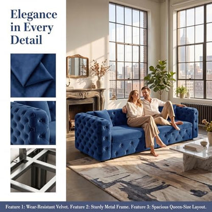 89" 4-Seater Queen Size Pull Out Sofa Bed with 3 Pillows, Blue | 4-Seater Classic Velvet Sofa with Tufted Design,3 Pillows,89" Extra Large 3-in-1 Pull Out Sofa - color: Q-blue-w01