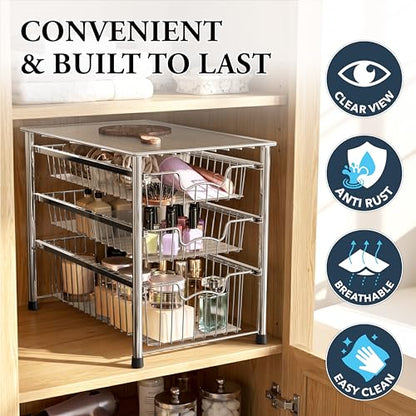 Simple Houseware Stackable 3 Tier Sliding Basket Organizer Drawer, Chrome - color: Chrome, size: 3-tier