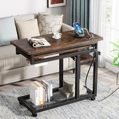 Tribesigns Small Portable Desk with Power Outlet, Height Adjustable Sofa Couch Bedside Laptop Table with Wheels, Mobile Standing Desk Rolling Computer Cart C Side Table with USB Ports - color: Brown