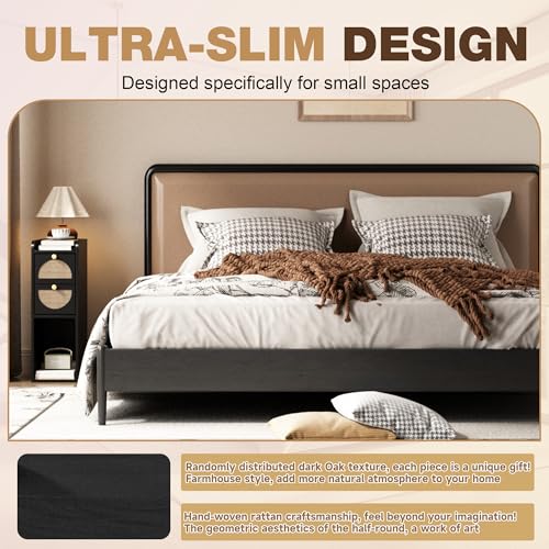Narrow Nightstand (Rattan & Wood) - Small Bedside Table with 2 Drawers, Open Shelf, Mid Century Modern End Table - for Bedroom, Living Room & Small Spaces, Black - color: Black, size: 7.9"W (1 Pc)