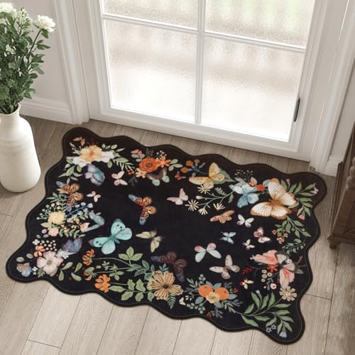 Washable Scalloped Butterfly Entryway Rug, 2x3 Black Non-Slip Boho Indoor Door Mat Ultra Thin Soft Small Kitchen Rug, Modern Botanical Floral Throw Carpet for Bathroom Entrance Bedroom - color: Black Butterfly, size: 2' x 3'