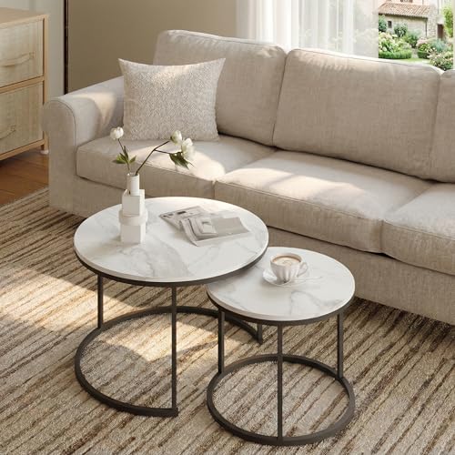 Round Coffee Tables for Living Room，Set of 2 (Marble) | living room side table, Modern Nesting Drink for Small Spaces - color: Marble