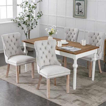 Beige-White Dining Chairs Set of 8, Tufted Kitchen & Dining Room Chairs | Eight Fabric Tufted Dinning Chairs, Linen Upholstered, Wing Back, Metal Pull Ring, Wood Frame, Mid Century Modern - color: A-2 Beige Linen, Wood Legs, size: 8