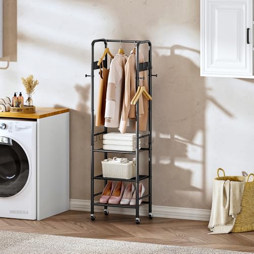 Coat Rack, Freestanding Coat Rack with 3 Shelves, Rolling Garment Rack with Wheels and Hooks, Coat Hanger Stand, Clothes Rack, Hanging Rod, for Entryway, Bedroom, Living Room, Black TYM17BB