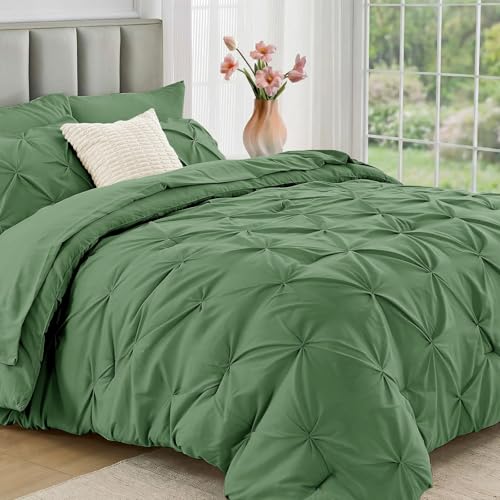 JOLLYVOGUE Twin Comforter Set 5 Pieces - Bed in a Bag Twin for All Season, Pintuck Bedding Comforter Sets with Comforter, Flat Sheet, Fitted Sheet and Pillowcases & Shams, Green - color: Green, size: Twin