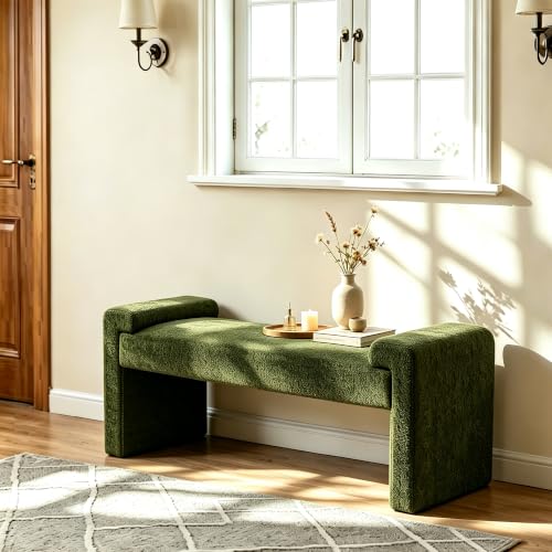 Upholstered Entryway Bench, 43" Modern Bedroom Bench, Green | Sherpa Fleece, Curved Armrests, Solid Wood Frame, End of Bed, Bedroom, Living Room, Hallway - color: Green-sherpa, size: 43"