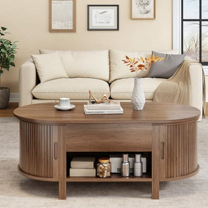 43.3" Oval Lift Top Fluted Coffee Table with Sliding Door, Walnut | Mid-Century Modern Fluted Coffee Table with Lift Tabletop & Multi-Storage Spaces, Dining Table for Living Room, Home Office - color: Walnut