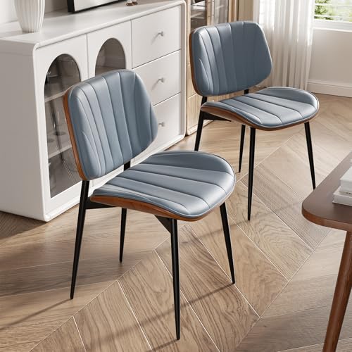 Dining Chairs Set of 4, Mid Century Modern Dining Room Chair, Upholstered Faux Leather Kitchen Chairs with Walnut Bentwood Back and Metal Legs for Kitchen Dining Room Living Room, Blue - color: Blue, size: Set of 4