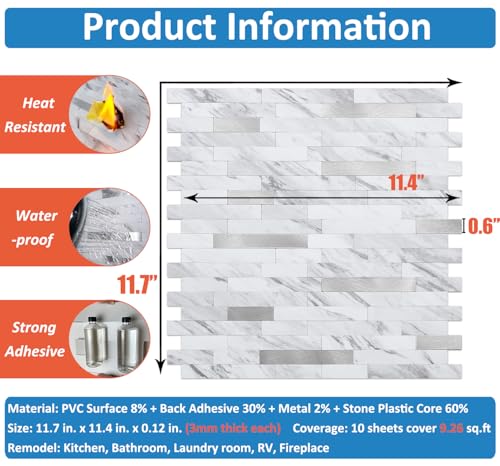 DICOFUN 10 Sheets Marble Look Peel and Stick Backsplash Wall Tile, PVC Kitchen Backsplash Peel and Stick in White, 9.4 sq.ft - color: White Stone and Metal Silver, size: 10 Sheets, 12’’x12’’x0.12’’