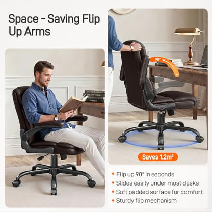 Office Chair, Executive Mid-Back Computer Desk Chair with Flip-up Armrests | 300 Lbs Ergonomic Leather Swivel PC Chair with Rock Function for Working Studying (Coffee) - color: Coffee