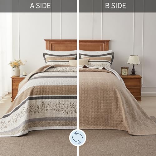 Oversized King Bedspreads 128x120, Reversible XL Bed Spread | 100% Cotton Extra Large Quilt Comforter, Farmhouse Botanical Pattern, Lightweight Bedding Set with 2 Shams, Khaki/Beige - color: Khaki/Beige/Gray, size: Oversized King Plus(128"x120")