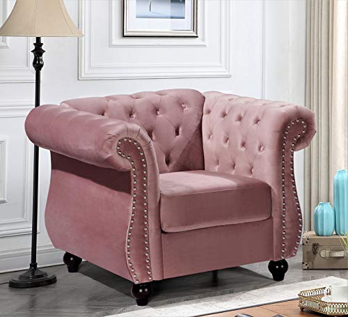 GDFStudio 40.6" Modern Velvet Accent Chair, Chesterfield Upholstered Lounge Chair with Rolled Arms, Comfy Single Sofa Chair with Button Tufted Back & Wood Tapered Legs for Living Room Bedroom, Rose - color: Rose, size: 1 Seat